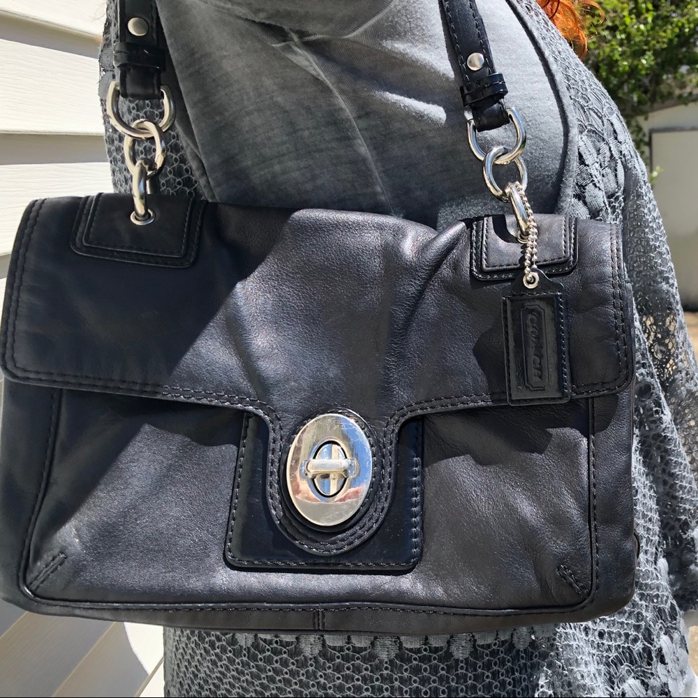 Coach black leather with patent and silver accents